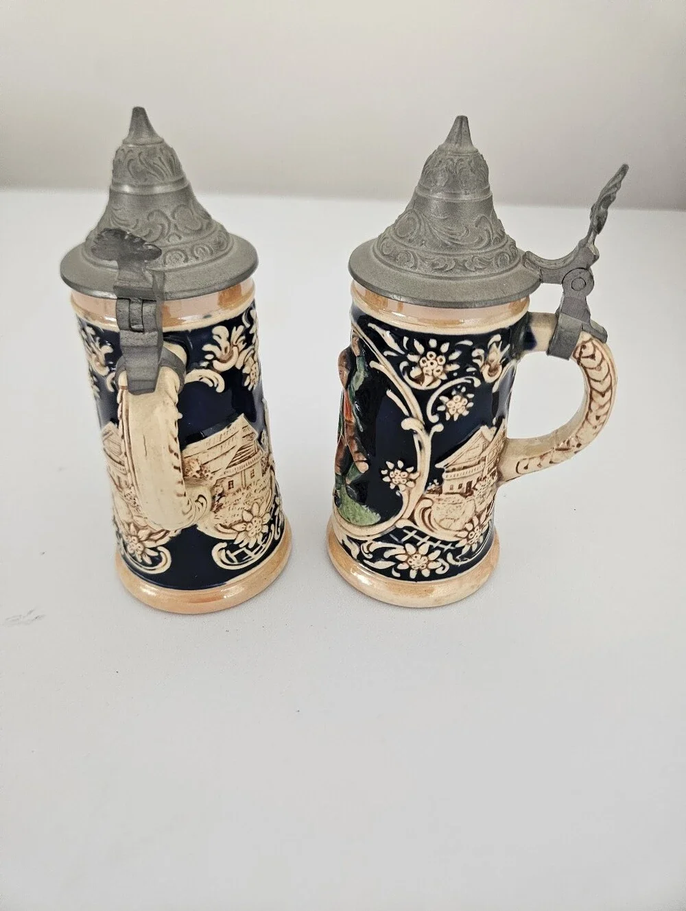 German Stoneware Bavarian Folk Cobalt Blue Steins Pewter Lids x 2 | SZ 5